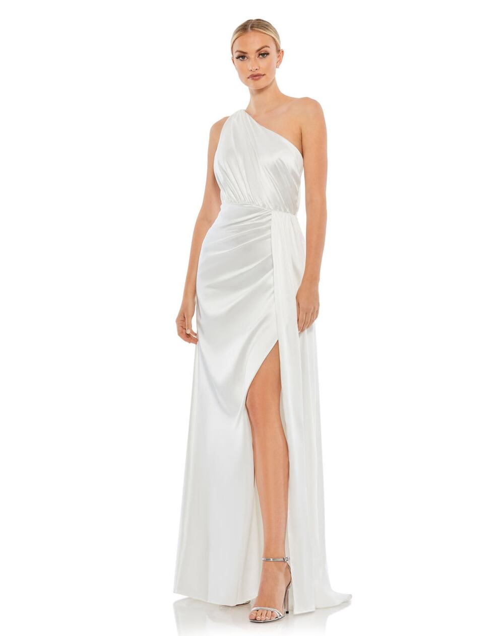 NWT Mac Duggal Sz 2 White Gathered One Shoulder Satin Faux Wrap Gown